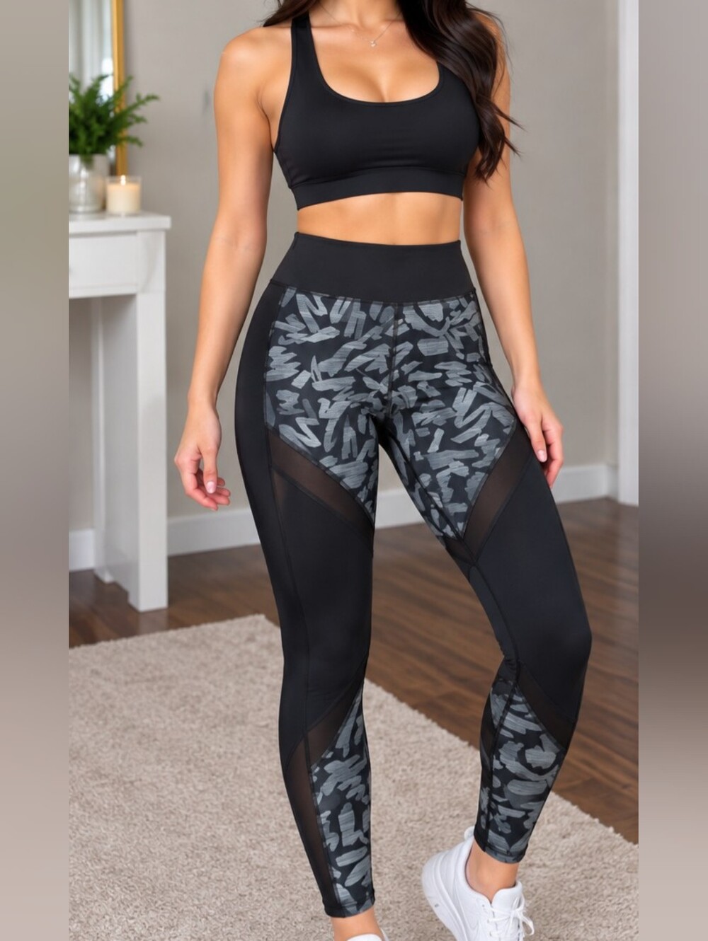Puma Abstract-Print Mesh-Panel Leggings Black & Gray Medium